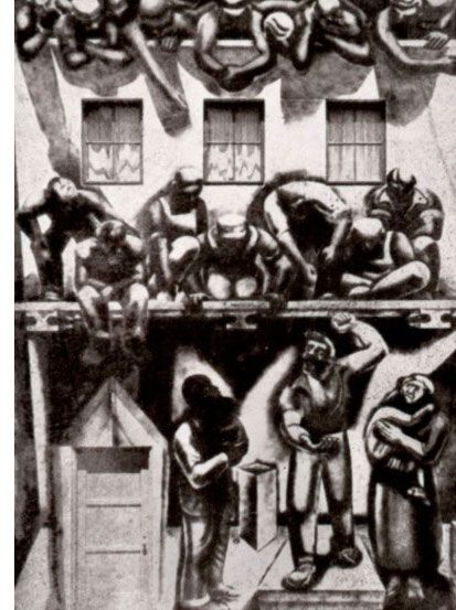 A low resolution black and white photograph of the David Alfaro Siqueiros mural 'Workers Meeting' in situ at the Chouinard Art Institute